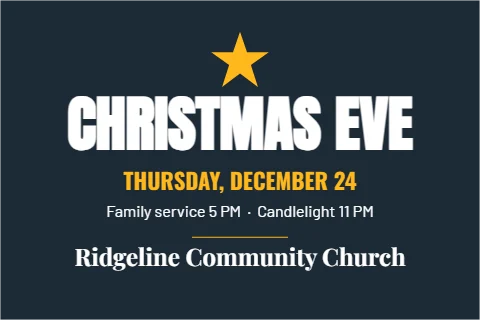 Postcard template, christmas Eve services, reading "CHRISTMAS EVE", "THURSDAY, DECEMBER 24" and "Ridgeline Community Church", in navy