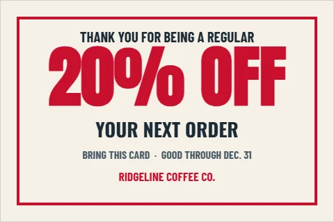 Postcard template, coupon, reading "THANK YOU FOR BEING A REGULAR", "20% OFF" and "YOUR NEXT ORDER", in cream