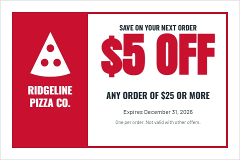 Postcard template, restaurant coupon, reading "$5 OFF", "RIDGELINE" and "PIZZA CO.", in red and white