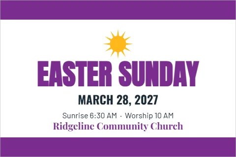 Postcard template, easter Sunday, reading "EASTER SUNDAY", "MARCH 28, 2027" and "Ridgeline Community Church", in purple and white