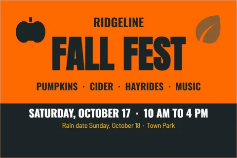Postcard template, fall festival, reading "RIDGELINE", "FALL FEST" and "SATURDAY, OCTOBER 17 · 10 AM TO…", in charcoal and orange
