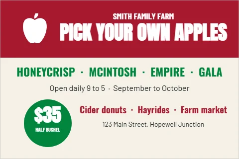 Postcard template, pick your own apples, reading "PICK YOUR OWN APPLES", "HONEYCRISP · MCINTOSH · EMPIRE ·…" and "$35", in maroon and cream