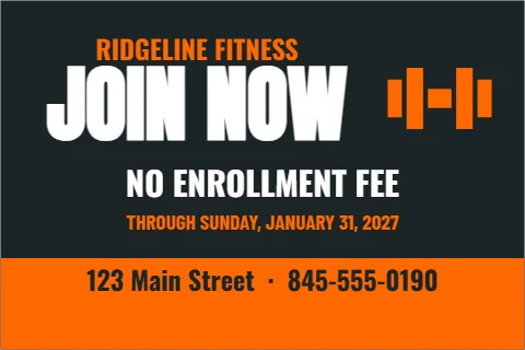 Postcard template, gym, join now, reading "RIDGELINE FITNESS", "JOIN NOW" and "NO ENROLLMENT FEE", in orange and charcoal