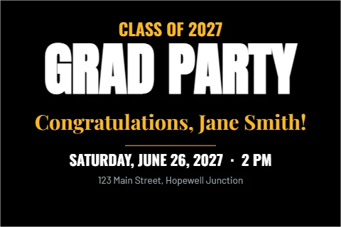 Postcard template, graduation party, reading "CLASS OF 2027", "GRAD PARTY" and "Congratulations, Jane Smith!", in black