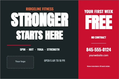 Postcard template, gym, first week free, reading "STRONGER", "FREE" and "STARTS HERE", in red and charcoal, with a space for your logo