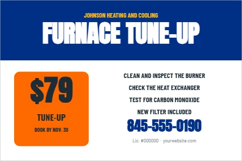 Postcard template, furnace tune-up, $79, reading "FURNACE TUNE-UP", "$79" and "845-555-0190", in blue and white