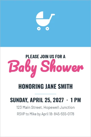 Postcard template, baby shower, reading "PLEASE JOIN US FOR A", "Baby Shower" and "HONORING JANE SMITH", in sky blue and white