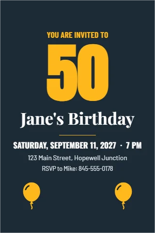 Postcard template, milestone birthday, reading "YOU ARE INVITED TO", "50" and "Jane's Birthday", in navy