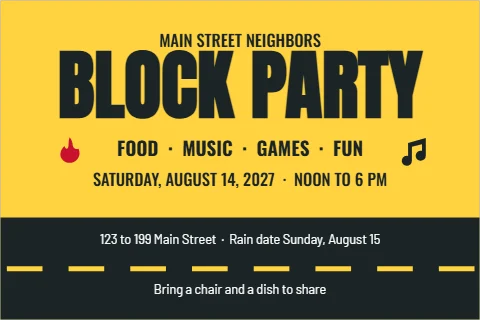 Postcard template, block party, reading "MAIN STREET NEIGHBORS", "BLOCK PARTY" and "FOOD · MUSIC · GAMES · FUN", in charcoal and yellow