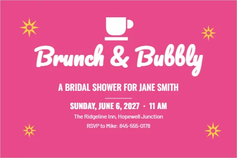 Postcard template, bridal shower brunch, reading "Brunch & Bubbly", "A BRIDAL SHOWER FOR JANE SMITH" and "SUNDAY, JUNE 6, 2027 · 11 AM", in pink