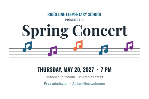 Postcard template, school spring concert, reading "RIDGELINE ELEMENTARY SCHOOL", "Spring Concert" and "THURSDAY, MAY 20, 2027 · 7 PM", in white