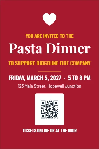 Postcard template, fundraiser dinner, reading "YOU ARE INVITED TO THE", "Pasta Dinner" and "TICKETS ONLINE OR AT THE DOOR", in maroon, with a QR code