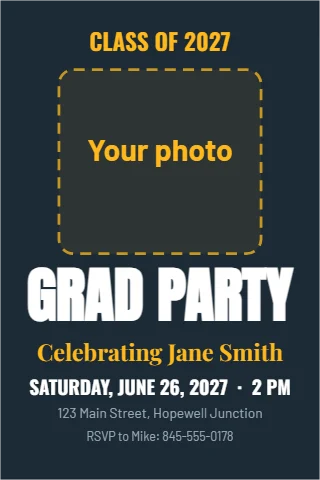 Postcard template, graduation party, photo, reading "CLASS OF 2027", "GRAD PARTY" and "Celebrating Jane Smith", in navy, with a space for your logo