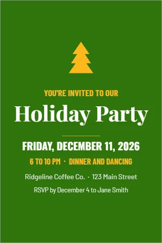 Postcard template, company holiday party, reading "YOU'RE INVITED TO OUR", "Holiday Party" and "FRIDAY, DECEMBER 11, 2026", in green