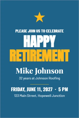 Postcard template, retirement party, reading "HAPPY", "RETIREMENT" and "Mike Johnson", in steel blue