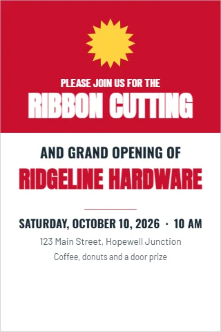 Postcard template, ribbon cutting and grand opening, reading "RIBBON CUTTING", "AND GRAND OPENING OF" and "RIDGELINE HARDWARE", in red and white