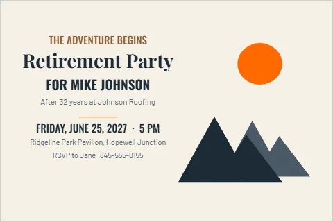 Postcard template, retirement party, mountains, reading "THE ADVENTURE BEGINS", "Retirement Party" and "FOR MIKE JOHNSON", in cream