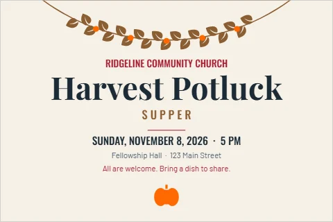 Postcard template, church harvest potluck, reading "Harvest Potluck", "S U P P E R" and "SUNDAY, NOVEMBER 8, 2026 · 5 PM", in brown and cream