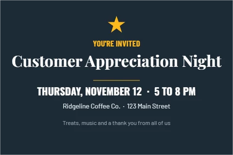 Postcard template, customer appreciation night, reading "YOU'RE INVITED", "Customer Appreciation Night" and "THURSDAY, NOVEMBER 12 · 5 TO 8 PM", in navy
