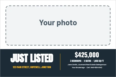 Postcard template, just listed, big photo, reading "$425,000", "JUST LISTED" and "123 MAIN STREET, HOPEWELL JUNCTION", in navy and white, with a space for your logo