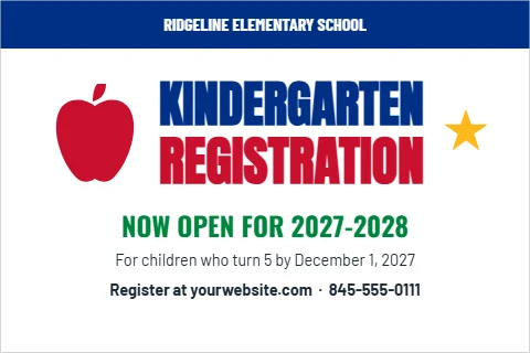Postcard template, kindergarten registration, reading "KINDERGARTEN", "REGISTRATION" and "NOW OPEN FOR 2027-2028", in blue and white