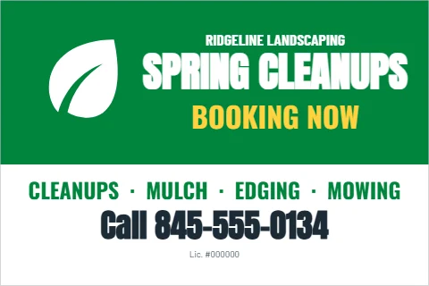 Postcard template, spring cleanups, booking now, reading "SPRING CLEANUPS", "BOOKING NOW" and "Call 845-555-0134", in green and white