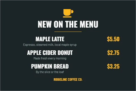 Postcard template, new on the menu, reading "NEW ON THE MENU", "MAPLE LATTE" and "$5.50", in charcoal