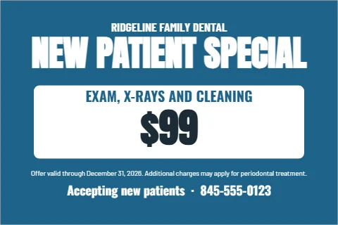 Postcard template, new patient special, reading "NEW PATIENT SPECIAL", "EXAM, X-RAYS AND CLEANING" and "$99", in white and steel blue