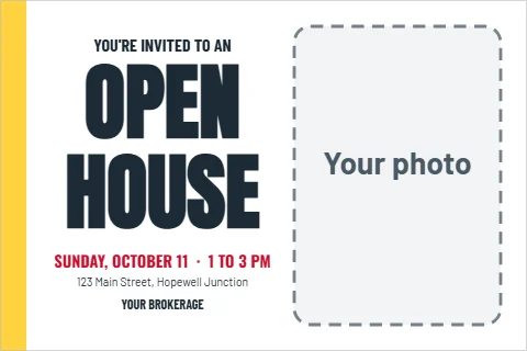 Postcard template, open house invitation, reading "YOU'RE INVITED TO AN", "OPEN" and "HOUSE", in white, with a space for your logo