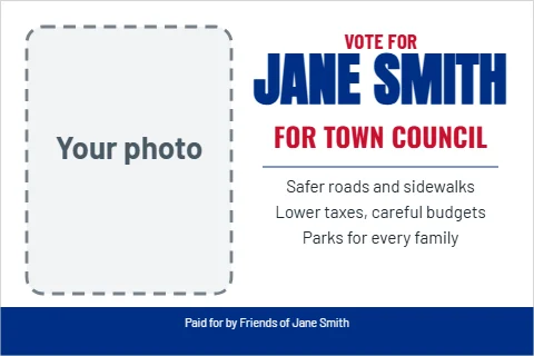 Postcard template, candidate mailer, reading "VOTE FOR", "JANE SMITH" and "FOR TOWN COUNCIL", in blue and white, with a space for your logo