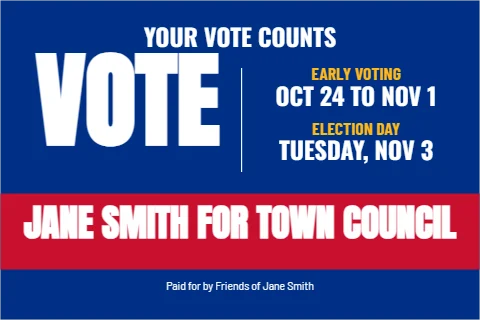 Postcard template, get out the vote, reading "YOUR VOTE COUNTS", "VOTE" and "JANE SMITH FOR TOWN COUNCIL", in red and blue