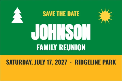 Postcard template, family reunion save the date, reading "SAVE THE DATE", "JOHNSON" and "FAMILY REUNION", in gold and green