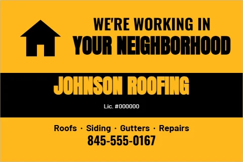 Postcard template, working in your neighborhood, reading "WE'RE WORKING IN", "YOUR NEIGHBORHOOD" and "JOHNSON ROOFING", in black and gold