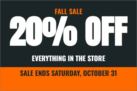 Postcard template, storewide sale, reading "FALL SALE", "20% OFF" and "EVERYTHING IN THE STORE", in orange and charcoal