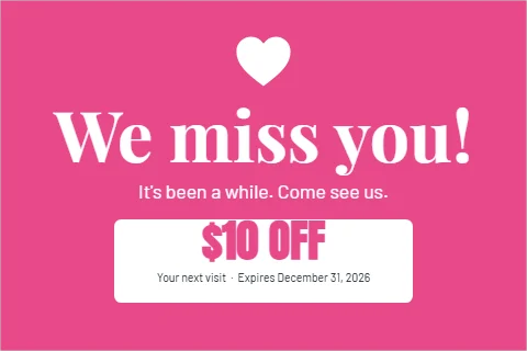 Postcard template, we miss you, reading "We miss you!", "It's been a while. Come see us." and "$10 OFF", in white and pink