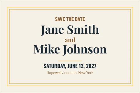 Postcard template, save the date, wedding, reading "Jane Smith", "and" and "Mike Johnson", in cream