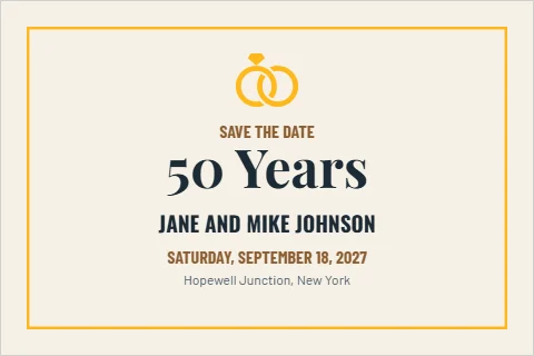 Postcard template, 50th anniversary save the date, reading "SAVE THE DATE", "50 Years" and "JANE AND MIKE JOHNSON", in cream