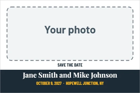 Postcard template, save the date, engagement photo, reading "SAVE THE DATE", "Jane Smith and Mike Johnson" and "OCTOBER 9, 2027 · HOPEWELL…", in navy and white, with a space for your logo