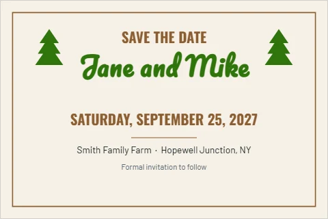 Postcard template, save the date, rustic, reading "SAVE THE DATE", "Jane and Mike" and "SATURDAY, SEPTEMBER 25, 2027", in cream