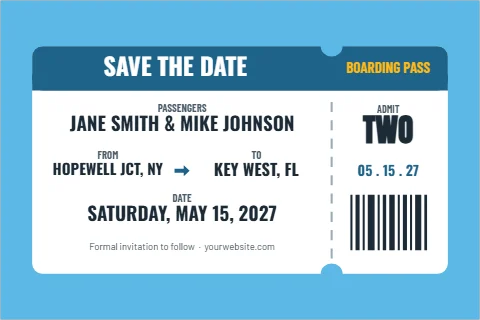 Postcard template, save the date, boarding pass, reading "SAVE THE DATE", "TWO" and "SATURDAY, MAY 15, 2027", in white and sky blue