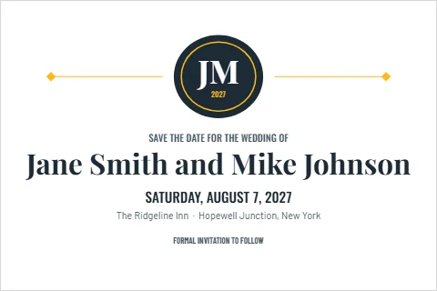 Postcard template, save the date, monogram crest, reading "JM", "Jane Smith and Mike Johnson" and "SATURDAY, AUGUST 7, 2027", in white