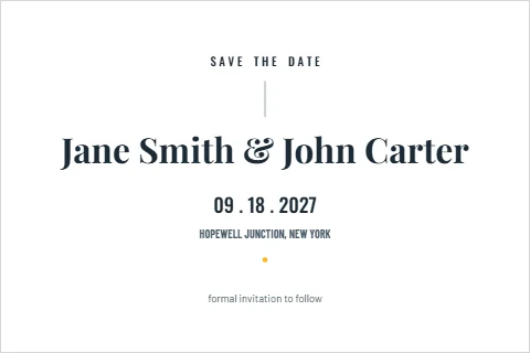 Postcard template, save the date, minimal, reading "S A V E T H E D A T E", "Jane Smith & John Carter" and "09 . 18 . 2027", in white