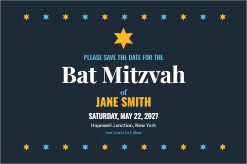 Postcard template, bat or bar mitzvah save the date, reading "Bat Mitzvah", "of" and "JANE SMITH", in navy
