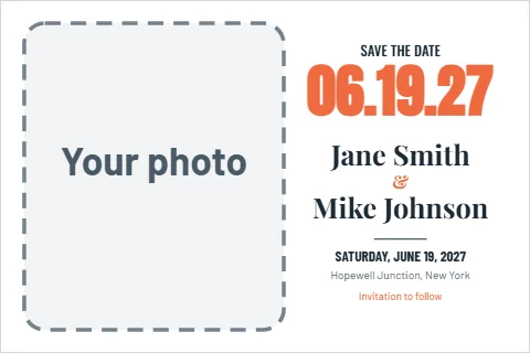 Postcard template, save the date, photo and big date, reading "06.19.27", "Jane Smith" and "Mike Johnson", in white, with a space for your logo