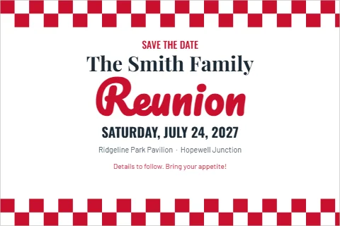 Postcard template, family reunion, picnic, reading "The Smith Family", "Reunion" and "SATURDAY, JULY 24, 2027", in white