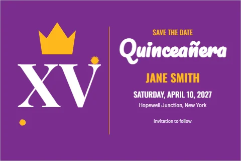 Postcard template, quinceañera save the date, reading "Quinceañera", "XV" and "JANE SMITH", in purple