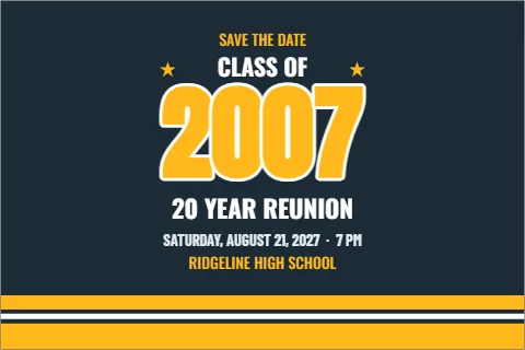 Postcard template, class reunion, varsity, reading "CLASS OF", "2007" and "20 YEAR REUNION", in navy