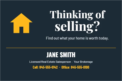 Postcard template, thinking of selling?, reading "Thinking of", "selling?" and "JANE SMITH", in navy