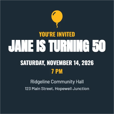 Postcard template, square birthday invitation, reading "YOU'RE INVITED", "JANE IS TURNING 50" and "SATURDAY, NOVEMBER 14, 2026", in navy