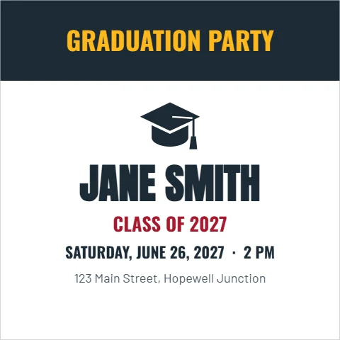 Postcard template, square graduation party, reading "GRADUATION PARTY", "JANE SMITH" and "CLASS OF 2027", in navy and white